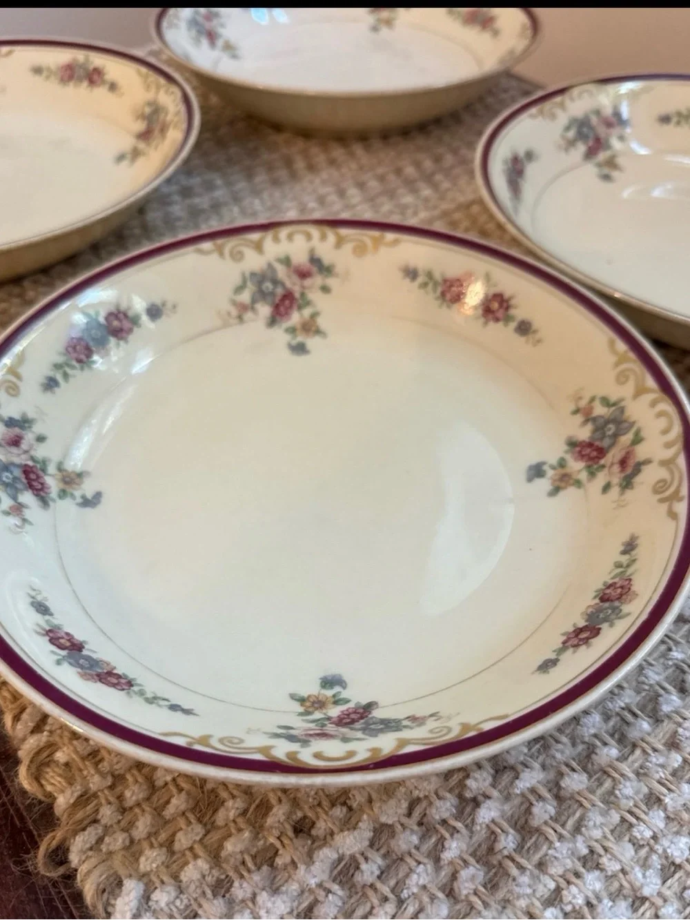 Vintage Bavarian China Dinner Plates - Ivory with Burgundy Accents